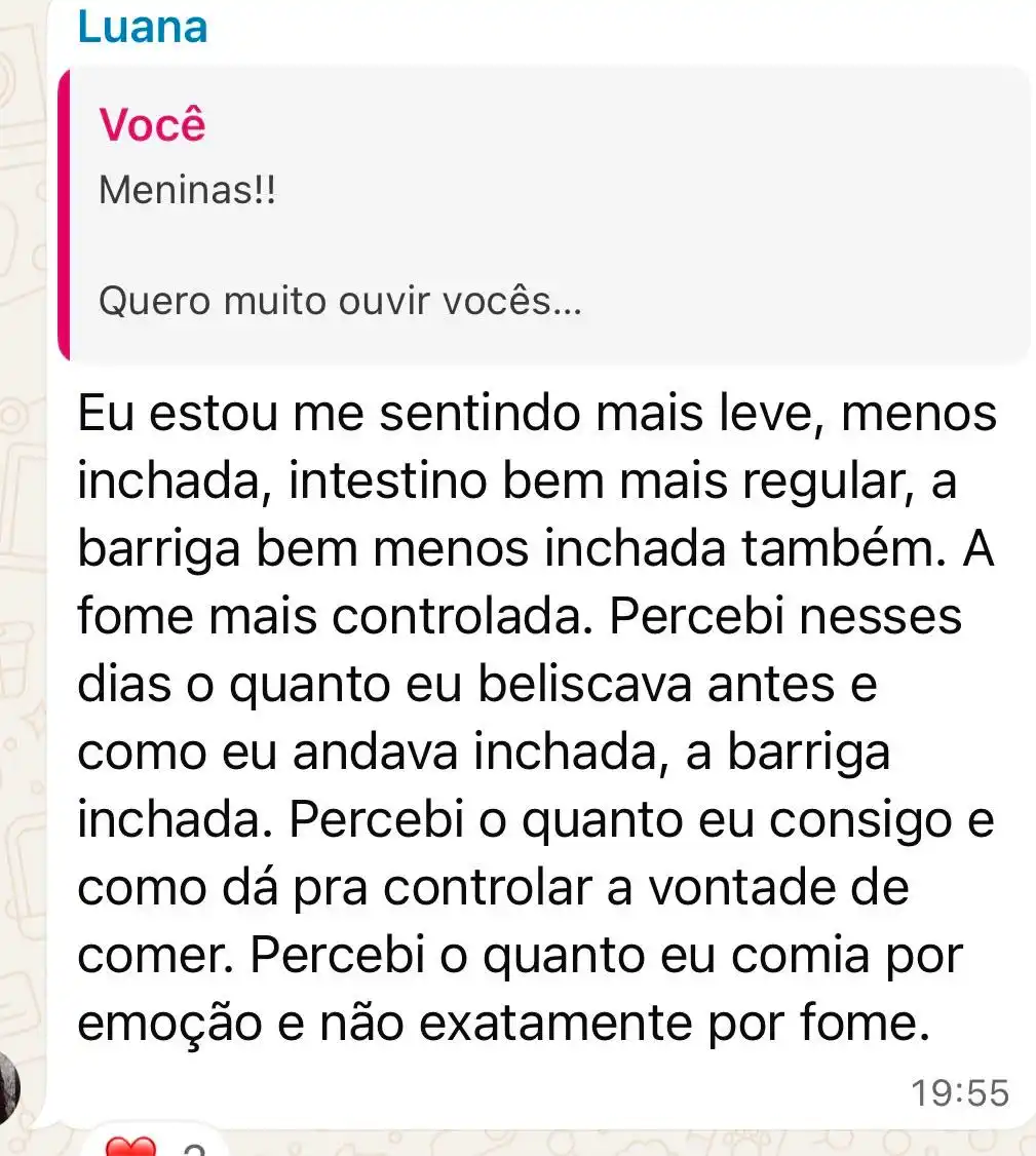 Print de depoimento Luana - Barriga menos inchada